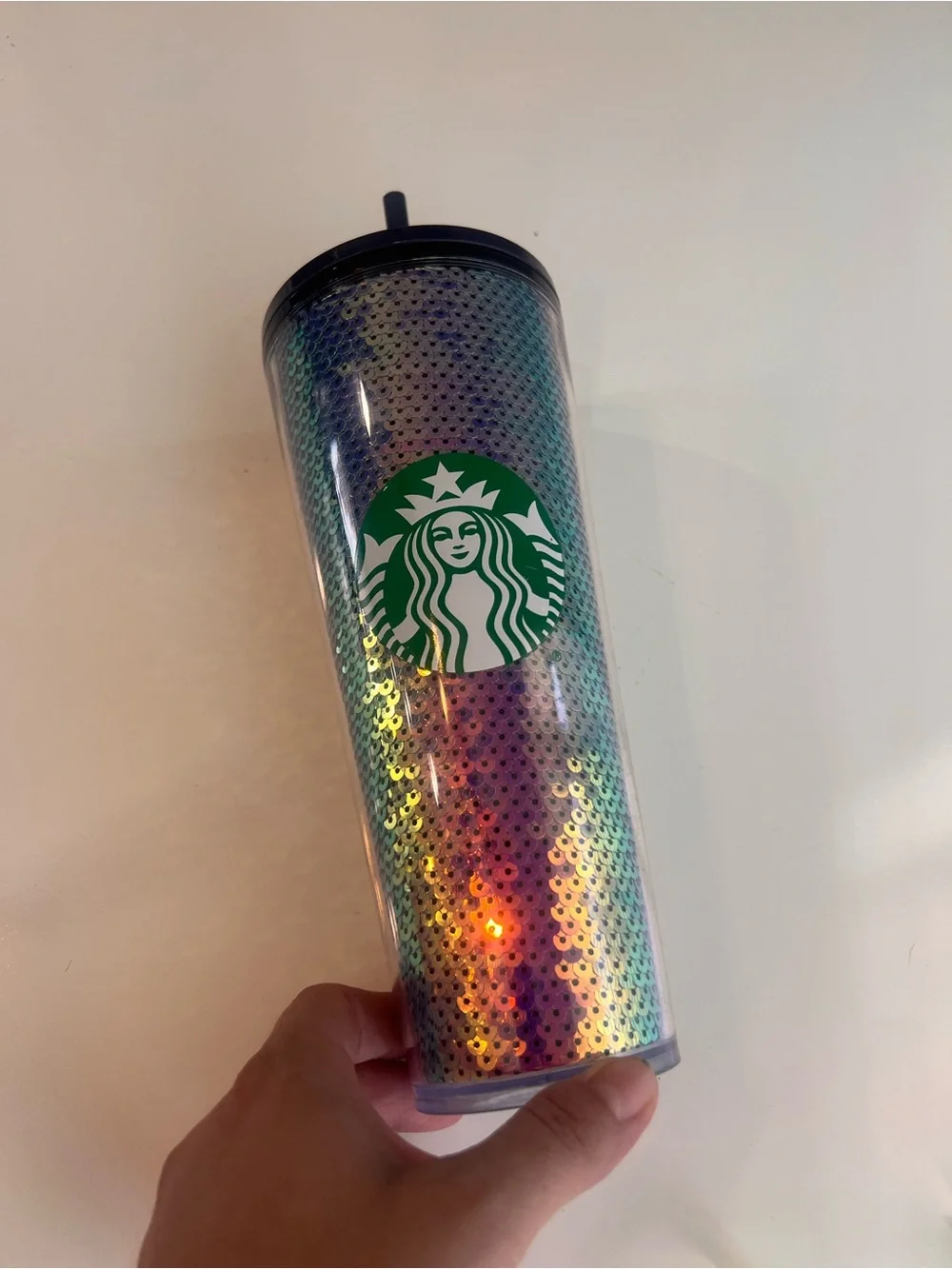 Starbucks Rainbow Sequin Tumbler with Green Logo and Black Lid